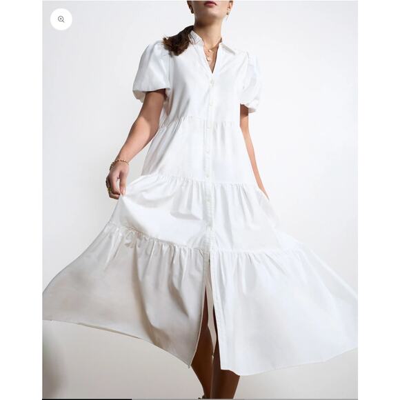 Brochu Walker Havana Midi Dress White Tiered Button Front Puff Sleeve Sz M - Picture 2 of 11